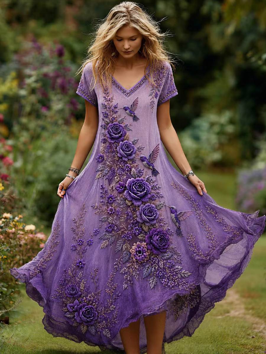 Women's Purple Floral Hummingbird Print Alzheimer's Disease Care Casual Dress