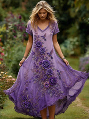 Women's Purple Floral Hummingbird Print Alzheimer's Disease Care Casual Dress