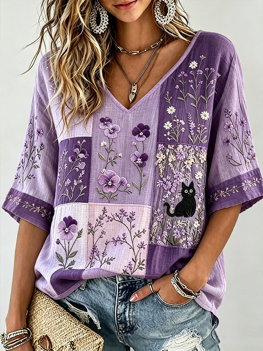 Women's purple floral print casual linen mid-length sleeves T-shirt