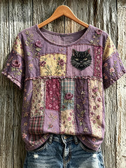 Women's purple floral print casual linen short-sleeve T-shirt