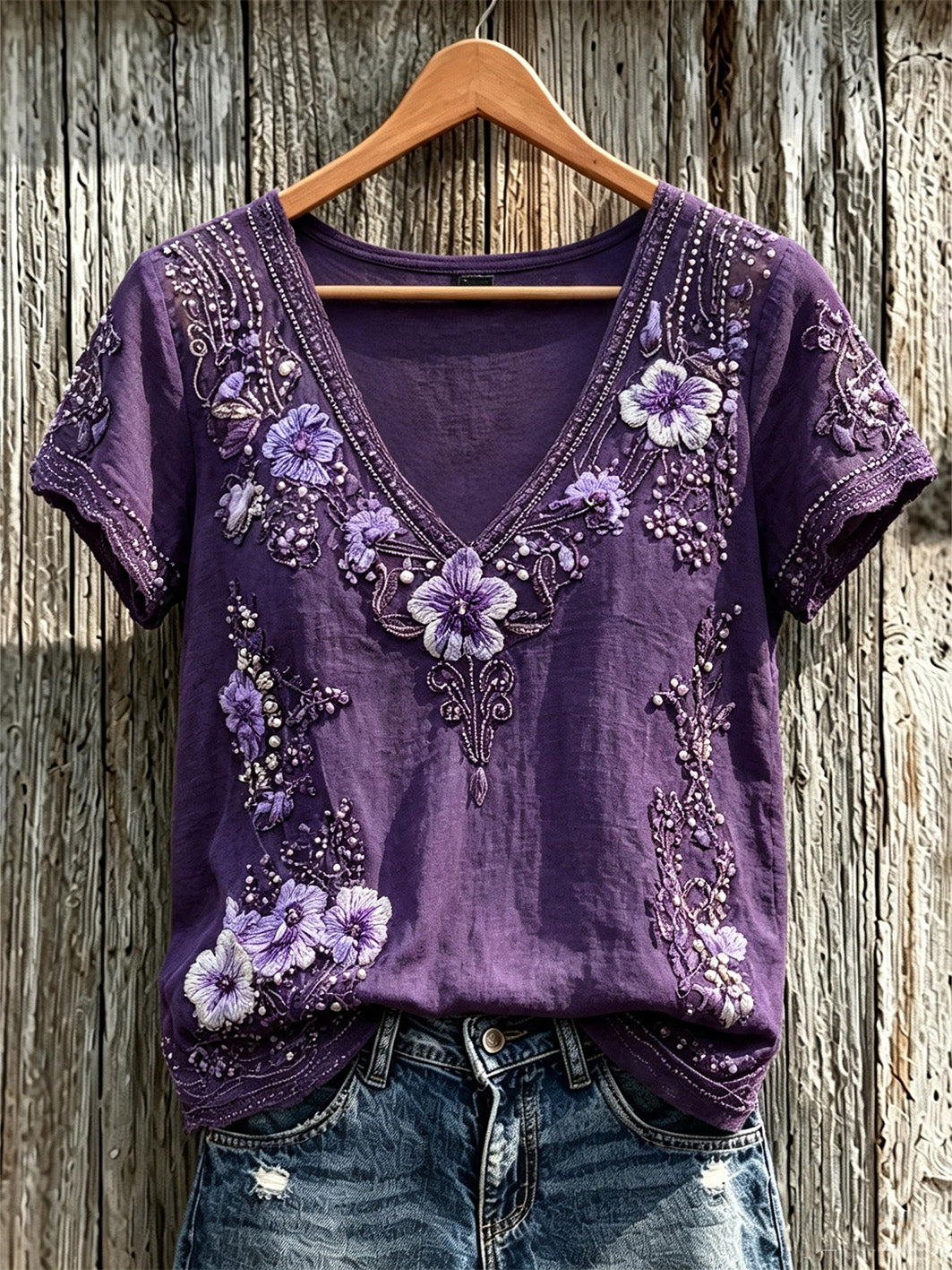 Women's purple floral print casual linen short-sleeve T-shirt
