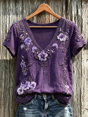 Women's purple floral print casual linen short-sleeve T-shirt