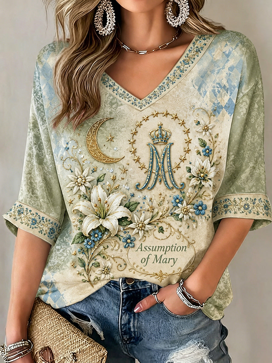 Women's Assumption of Mary Mid-length Sleeves V-Neck T-Shirt