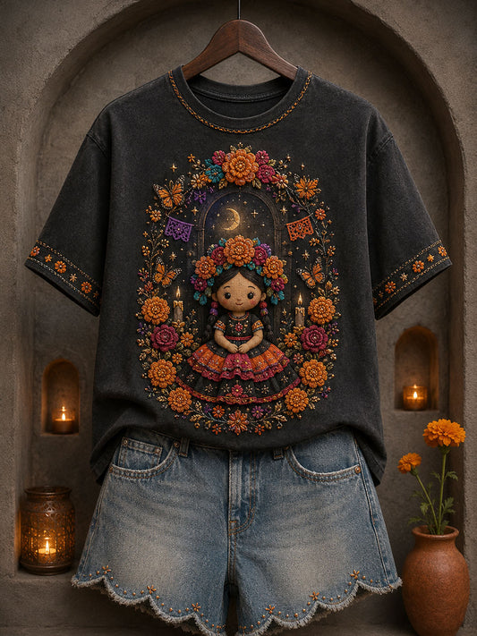 Women's Mexico Lele Doll Otomí Art Printed T-shirt