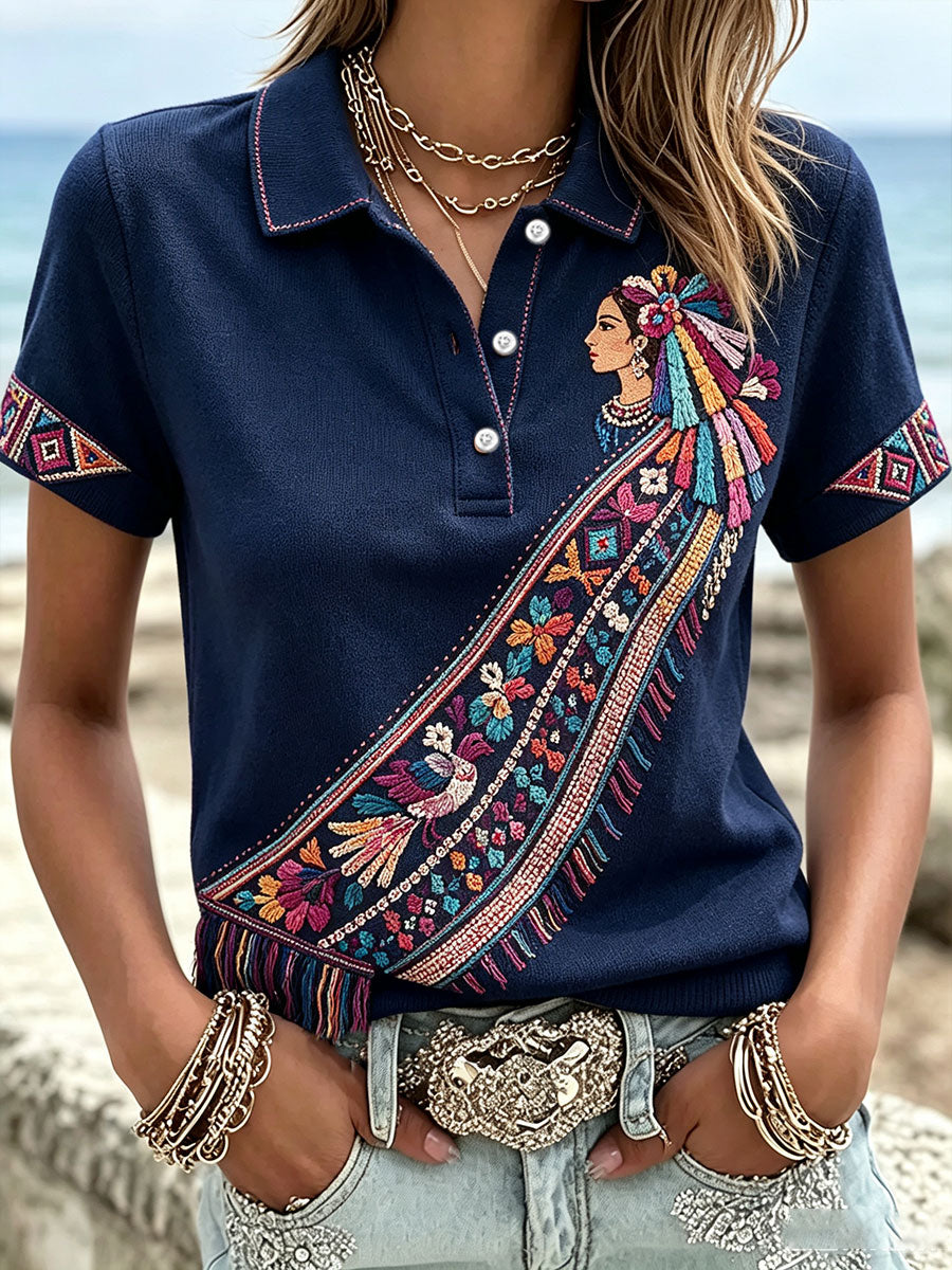 Women's Mexico Lele Doll Otomí Art Printed Casual Tops