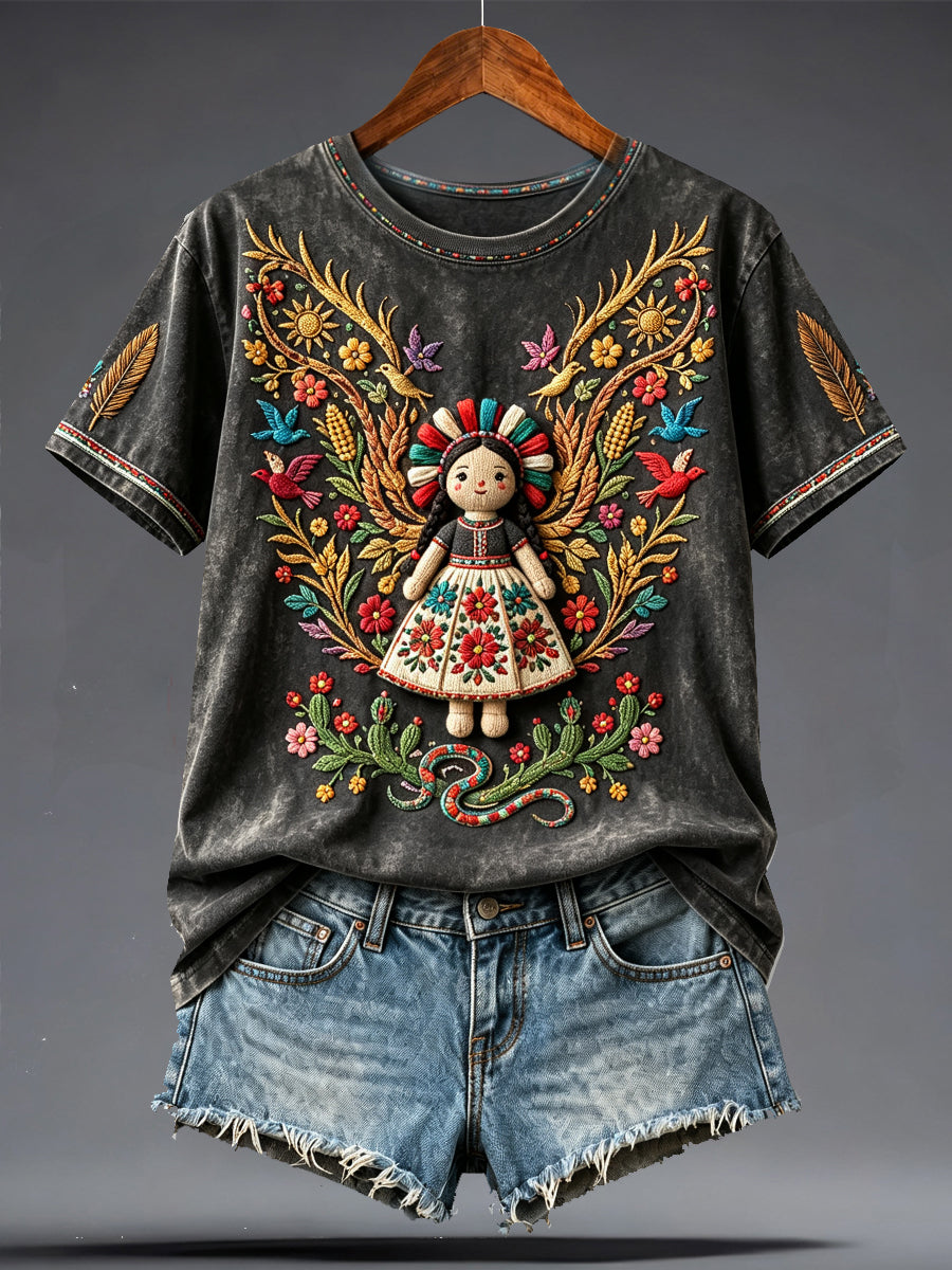 Women's Mexico Lele Doll Otomí Art Printed T-shirt