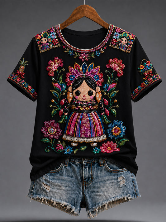 Women's Mexico Lele Doll Art Printed T-shirt