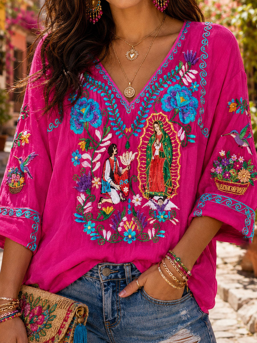 Women's Mexico Art Printed Linen T-shirt