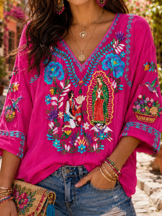 Women's Mexico Art Printed Linen T-shirt