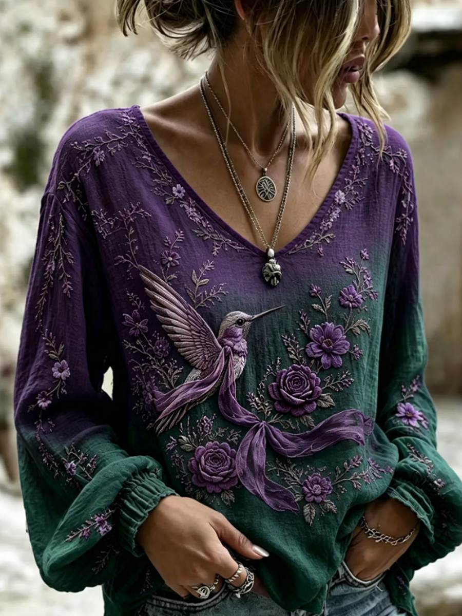 Women's Floral Hummingbird Art Alzheimer's Awareness T-shirt