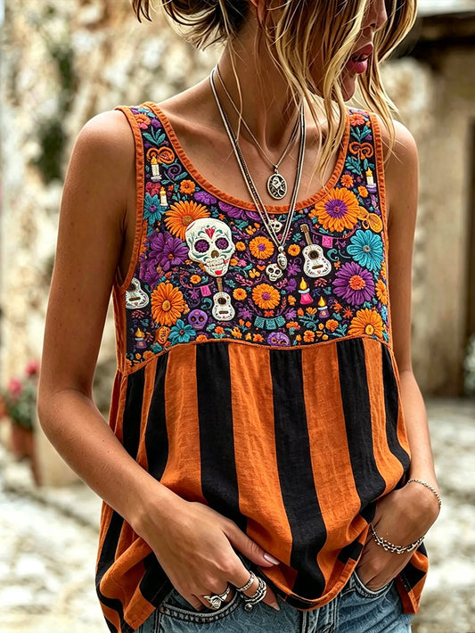 Women's skull and plant flower pattern printed casual cotton and linen vest