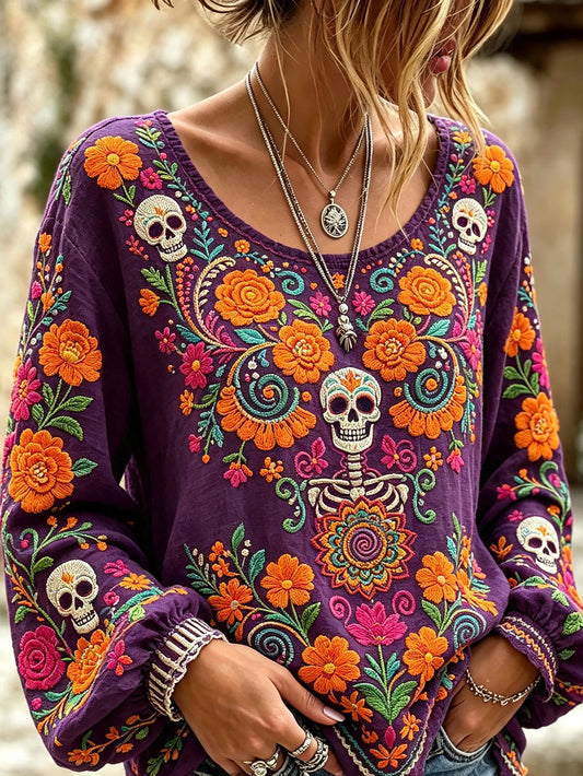 Women's skull and plant flower pattern printed casual cotton and linen shirt