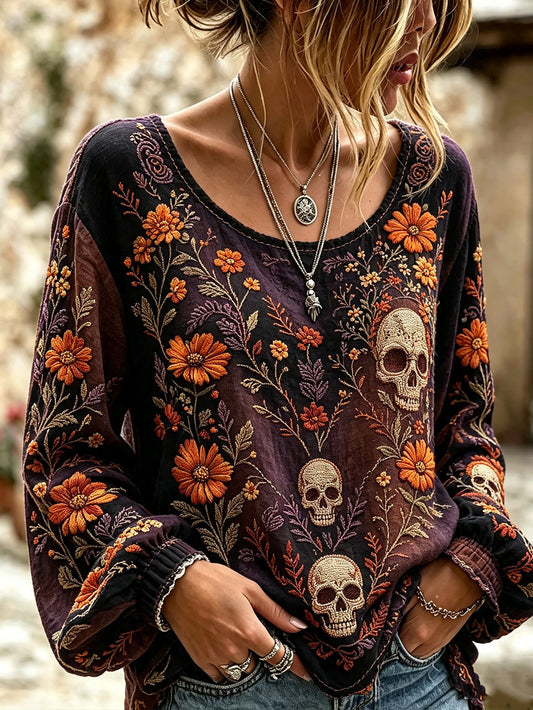 Women's skull and plant flower pattern printed casual cotton and linen shirt