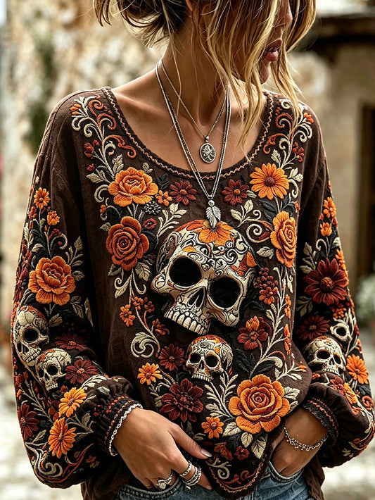 Women's skull and plant flower pattern printed casual cotton and linen shirt