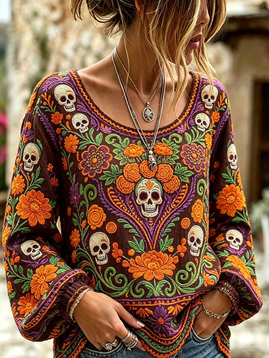 Women's skull and plant flower pattern printed casual cotton and linen shirt