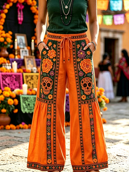 Women's Day of the Dead Sugar Skull Mexican Floral Print Cotton-linen Pants