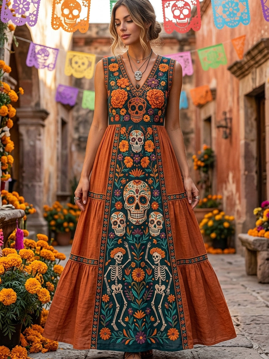 Women's Day of the Dead Sugar Skull Mexican Floral Print V Neck Maxi Dress