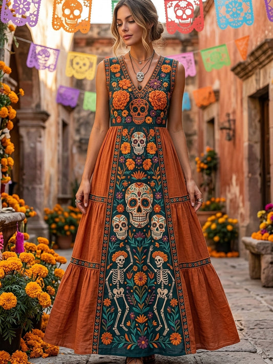 Women's Day of the Dead Sugar Skull Mexican Floral Print V Neck Maxi Dress