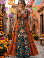 Women's Day of the Dead Sugar Skull Mexican Floral Print V Neck Maxi Dress