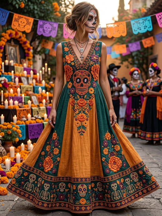Women's Day of the Dead Sugar Skull Mexican Floral Print V Neck Maxi Dress