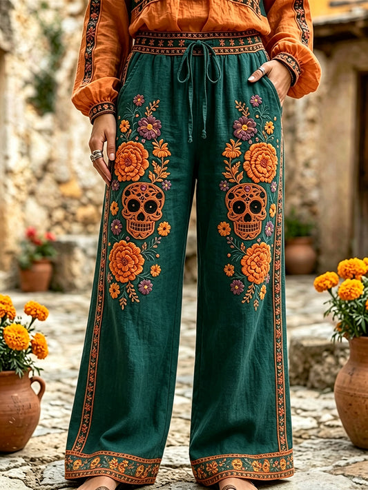 Women's Day of the Dead Sugar Skull Mexican Floral Print Cotton-linen Pants