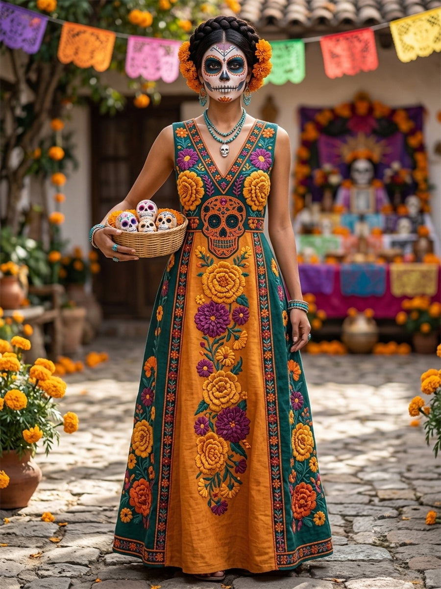 Women's Day of the Dead Sugar Skull Mexican Floral Print V Neck Maxi Dress