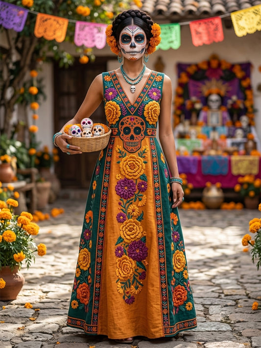 Women's Day of the Dead Sugar Skull Mexican Floral Print V Neck Maxi Dress