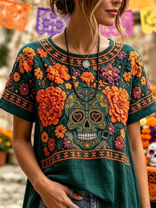 Women's Day of the Dead Sugar Skull Mexican Floral Print Linen Short-sleeved T-shirt