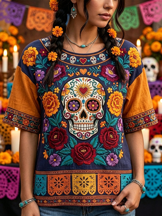 Women's Day of the Dead Sugar Skull Mexican Floral Print Linen Short-sleeved T-shirt