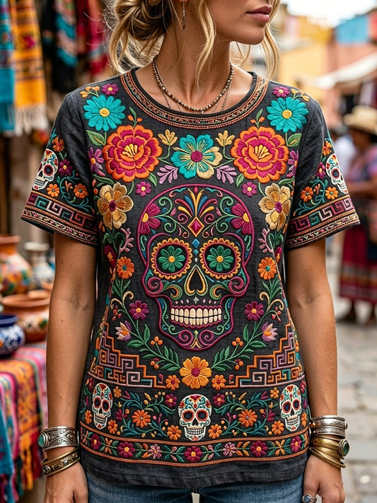 Women's Day of the Dead Sugar Skull Mexican Floral Print Linen Short-sleeved T-shirt