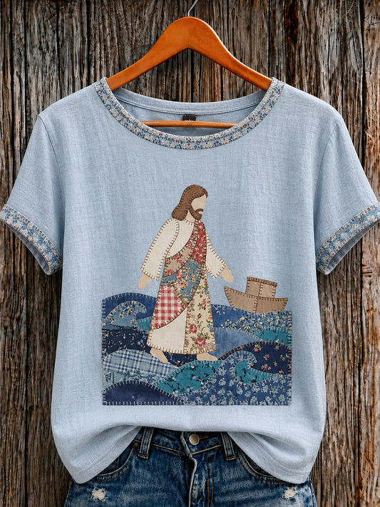 Women's Christian Jesus Walking on Water  O-neck Short Sleeve T-shirt