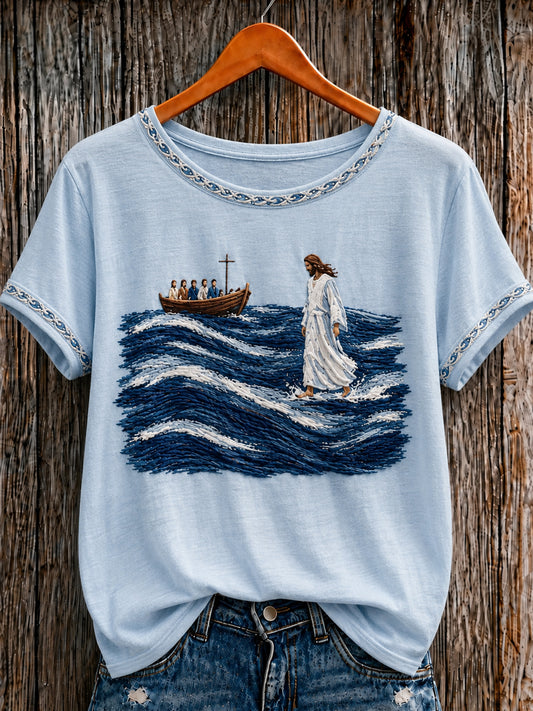 Women's Christian Jesus Walking on Water  O-neck Short Sleeve T-shirt