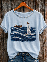 Women's Christian Jesus Walking on Water  O-neck Short Sleeve T-shirt