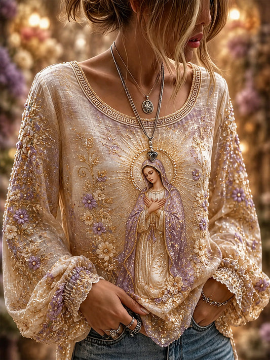 Women's Assumption Of Mary Faith Art Printed Cotton-Linen Shirt