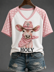 Women's Holy V-neck Off-shoulder Short-sleeved T-shirt