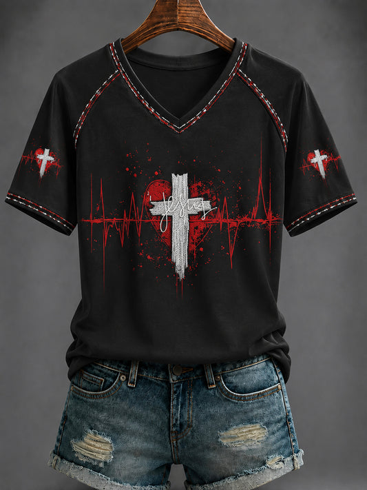Women's JESUS Printed V-neck T-shirt
