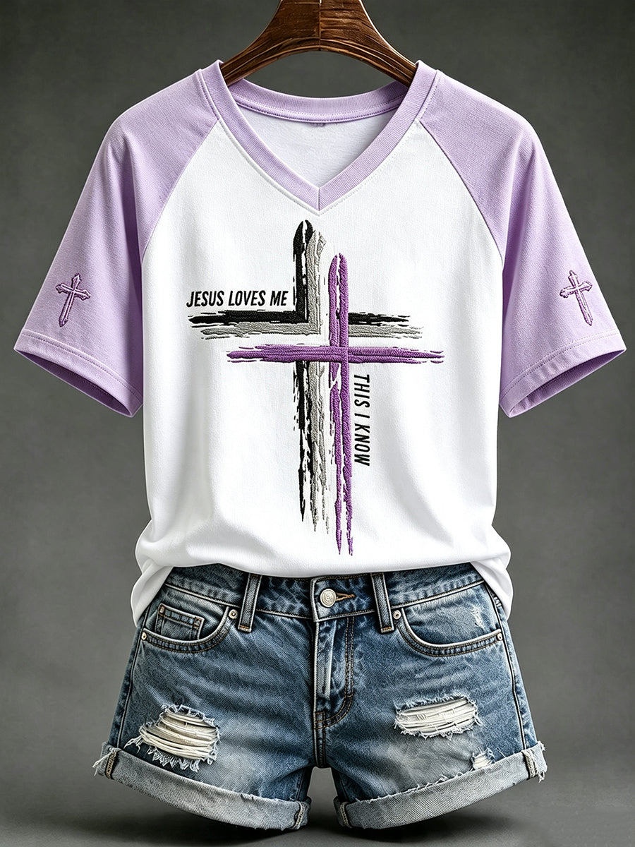 Women's Jesus Loves Me Faith Print V-neck Short-sleeved T-shirt