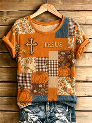 Women's Autumn Christian Cross Print Casual Tee