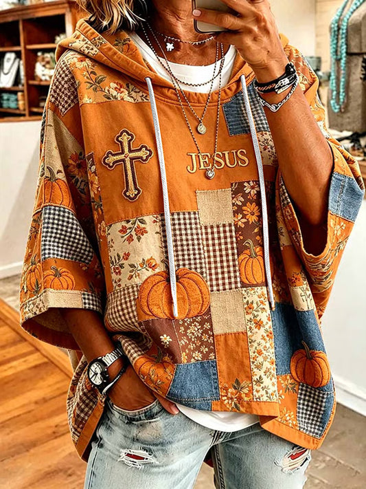 Women's Autumn Christian Cross Print Casual Short-Sleeve Hoodie
