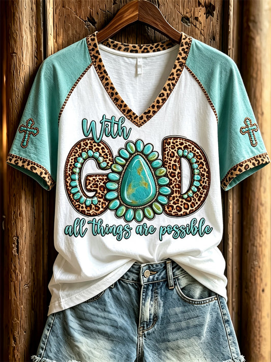 Women's With God All Things Are Possible Turquoise Leopard Print short-sleeved T-shirt