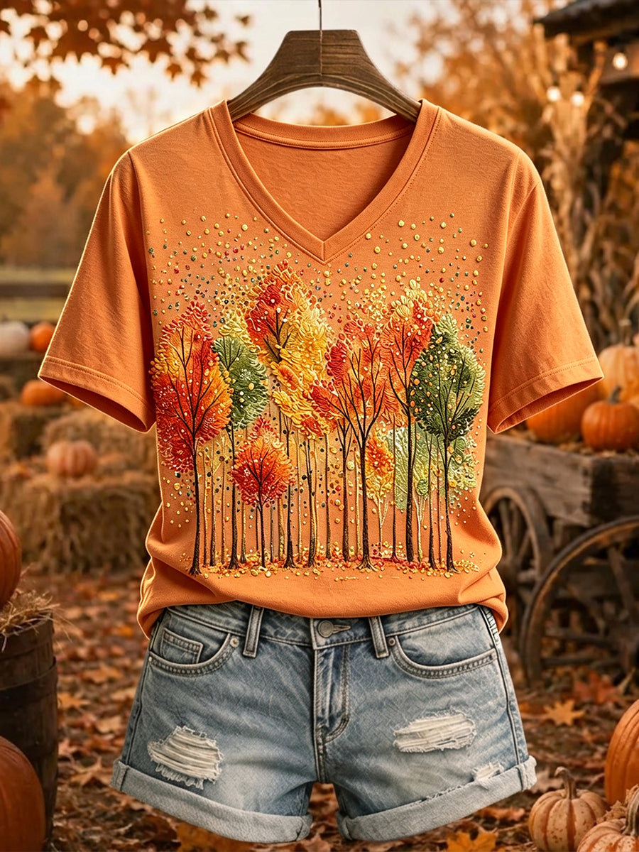 Women's Autumn Tree Print Comfy Short-sleeved T-shirt