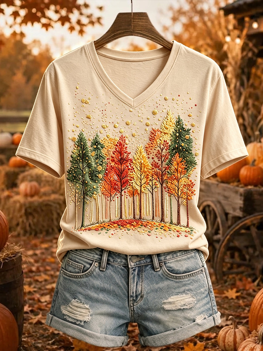 Women's Autumn Tree Print Cozy Short-sleeved T-shirt