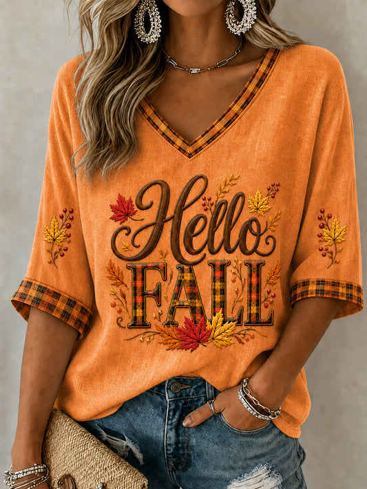 Women's Hello Fall  Mid-length Sleeves V-Neck T-Shirt