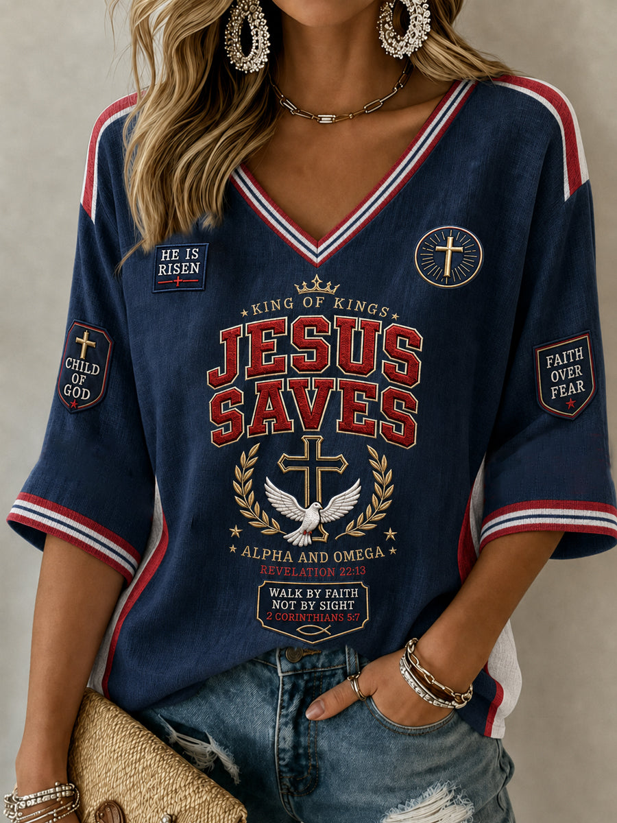 Women's Christian JESUS SAVES Cross Mid-length Sleeves V-Neck T-Shirt