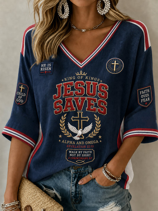Women's Christian JESUS SAVES Cross Mid-length Sleeves V-Neck T-Shirt