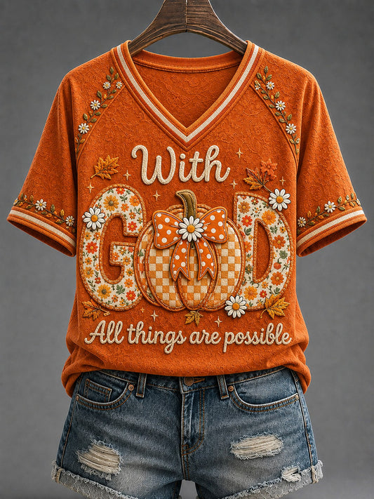 Women's With GOD All Things Are Possible Printed V-neck T-shirt