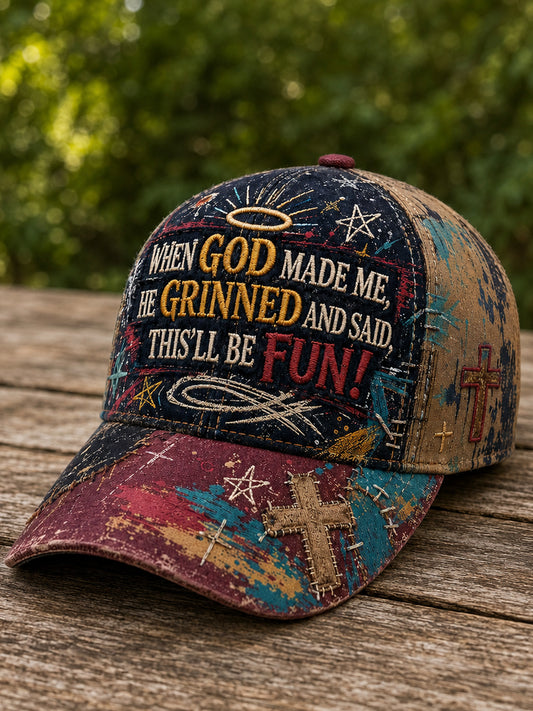 Unisex Vintage Christian “When God Made Me” Cross Graffiti Print Hat