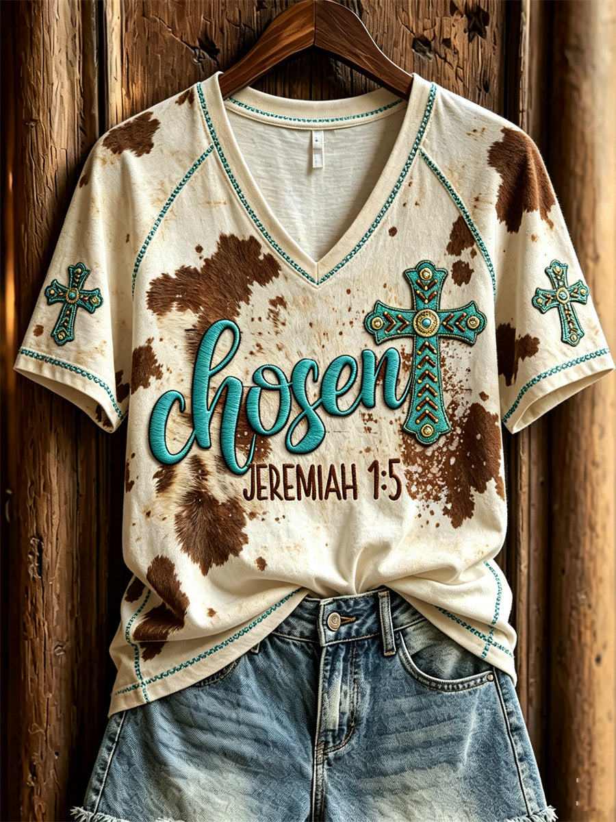 Women's Chosen Cowhide Turquoise Cross Western Print short-sleeved T-shirt