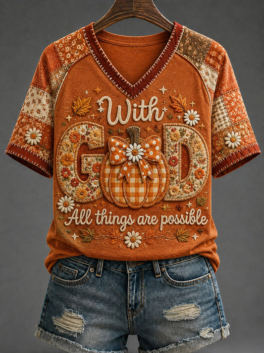 Women's With GOD All Things Are Possible Printed V-neck T-shirt