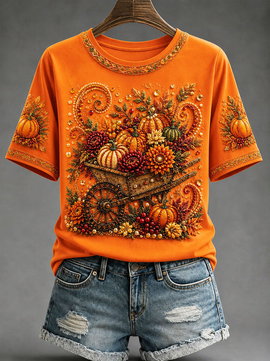 Women's Autumn Pumpkin Cart Floral Print T-shirt